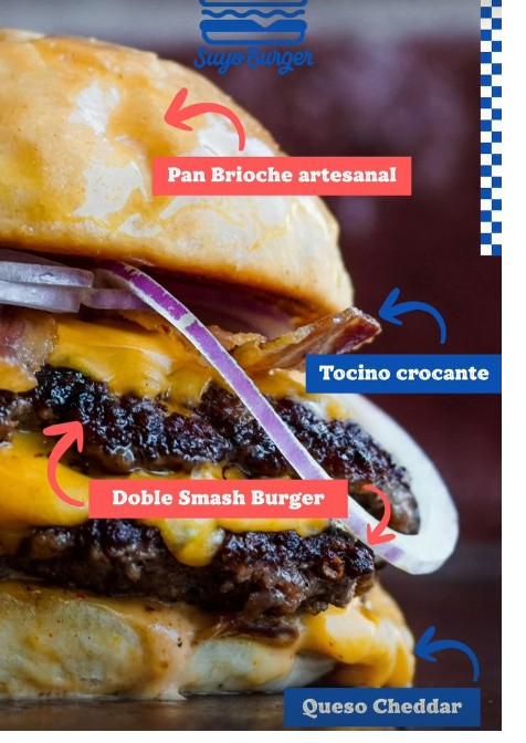 Suyo Burger con pan brioche artesanal, tocino crocante, doble smash burger y queso cheddar